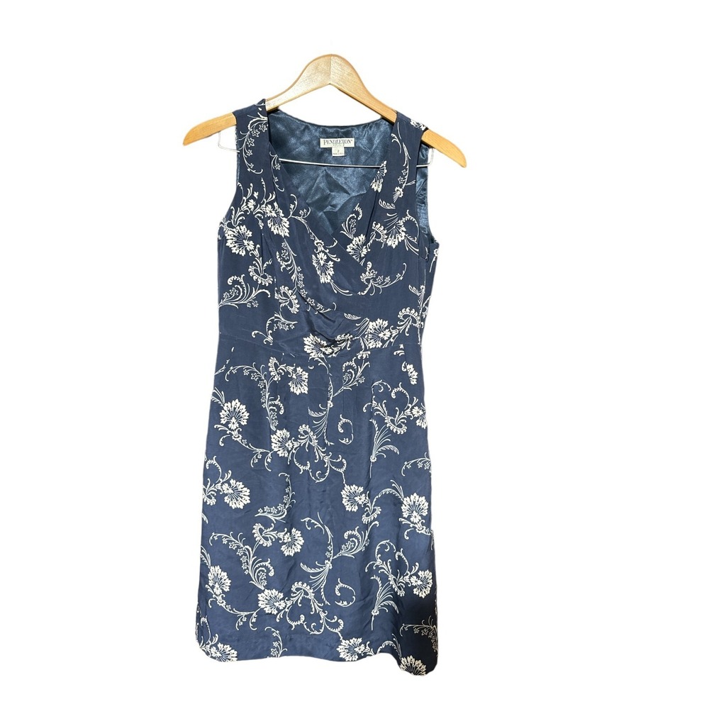 Pendleton Womens 100% Silk Dress 2 Blue White Floral Pleated Skirt &‎ Lined